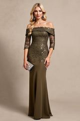 Off The Shoulder Olive Formal Dress with Appliques