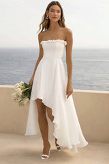 White Strapless Asymmetrical Holiday Party Dress With Ruffles