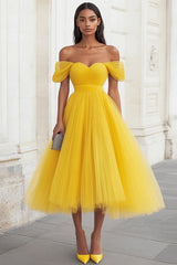 Yellow Off The Shoulder A Line Tulle Wedding Guest Dress