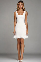 Bodycon Square Neck Ivory Graduation Dress with Ruffles