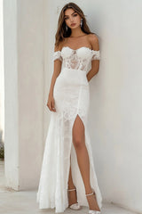 Off The Shoulder Lace White Engagement Dress with Slit