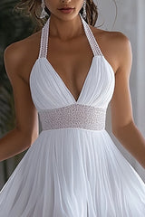 White A Line Halter Chiffon Graduation Dress