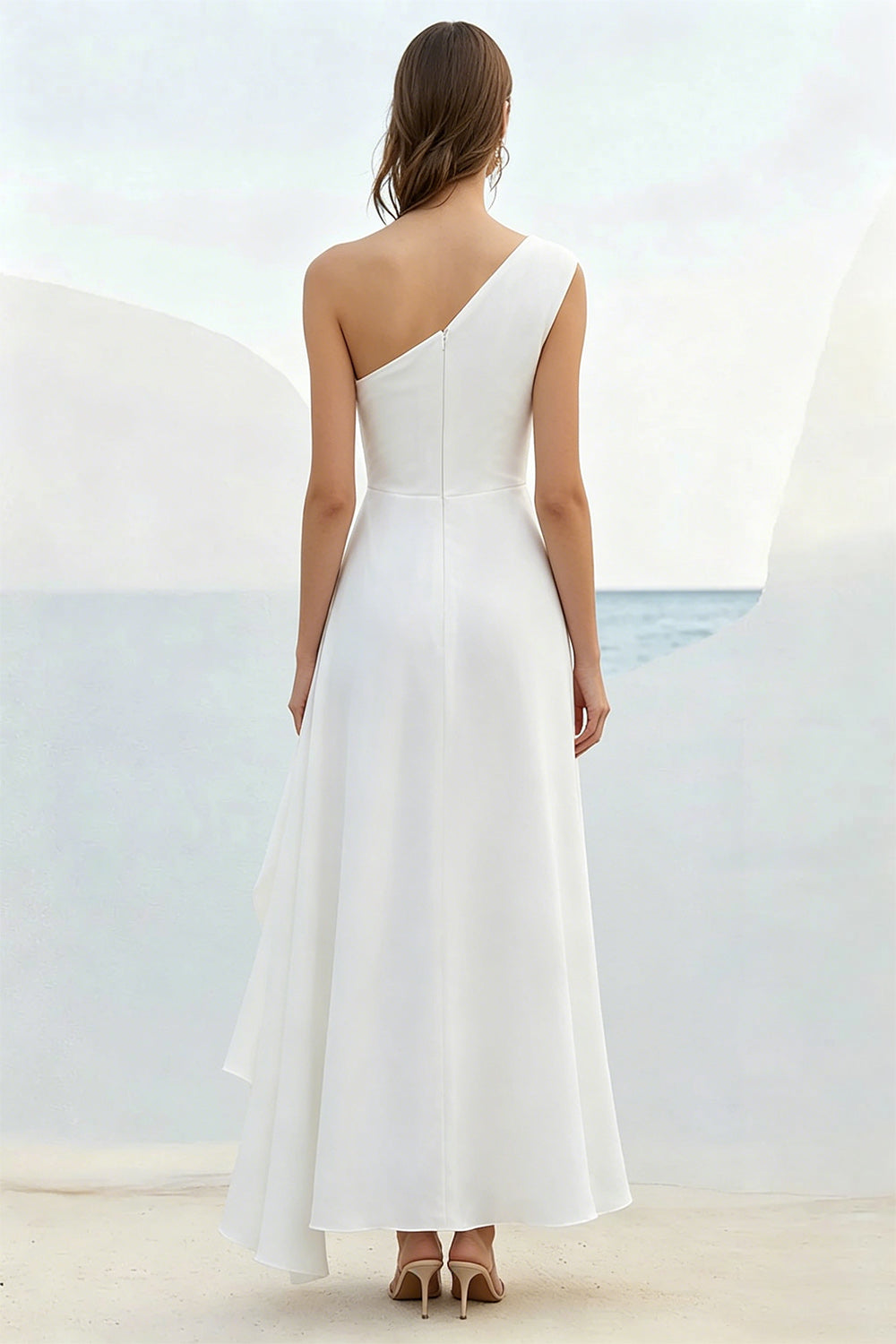 One Shoulder White Pleated Chiffon Formal Dress