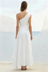 One Shoulder White Pleated Chiffon Formal Dress