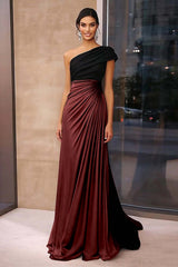 Black Brown Ruched Sheath One Shoulder Gala Dress