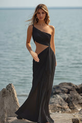 One Shoulder Cut Out Chiffon White Engagement Dress