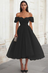 Yellow Off The Shoulder A Line Tulle Wedding Guest Dress