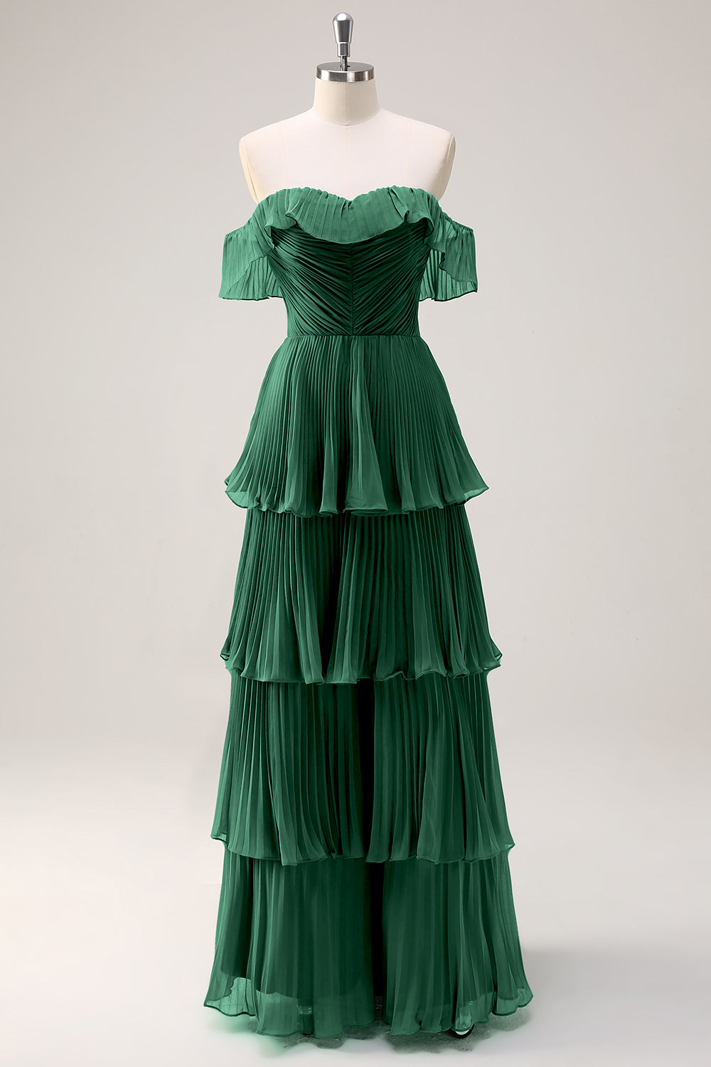 Eucalyptus Tiered A Line Pleated Off the Shoulder Bridesmaid Dress