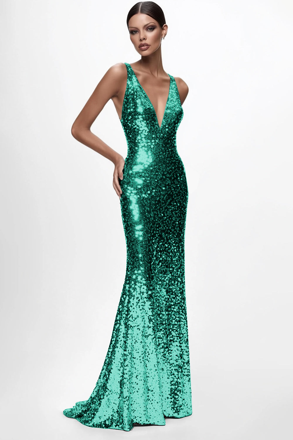 Sequined Silver V Neck Mermaid Formal Dress