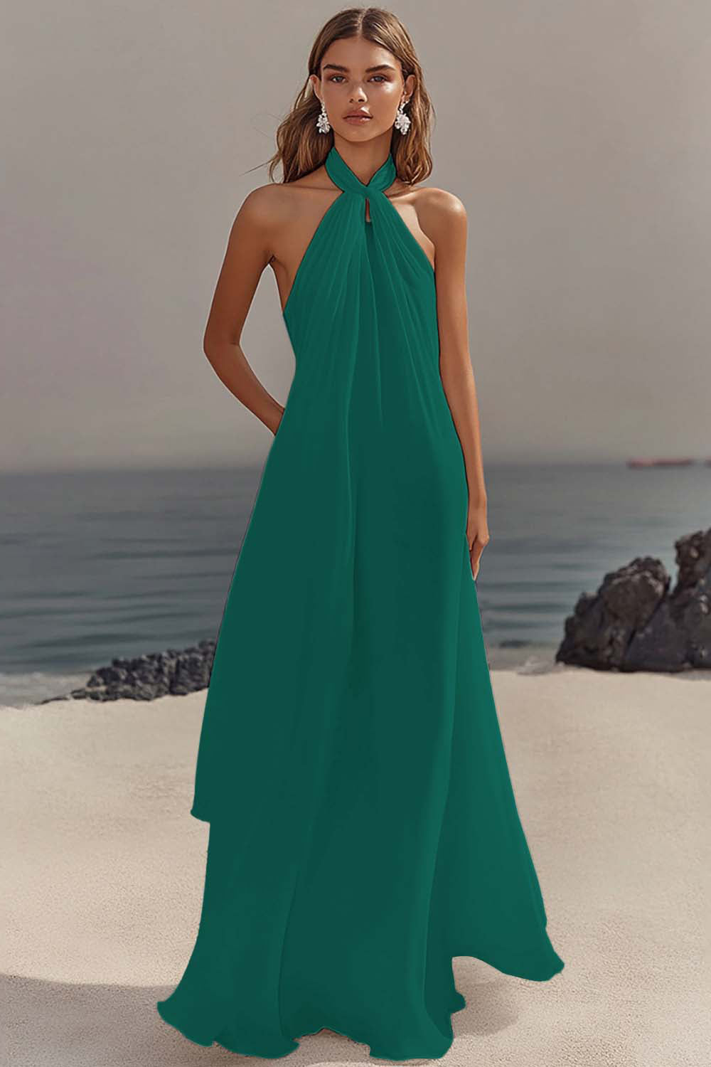 Simple White Halter A Line Chiffon Engagement Dress