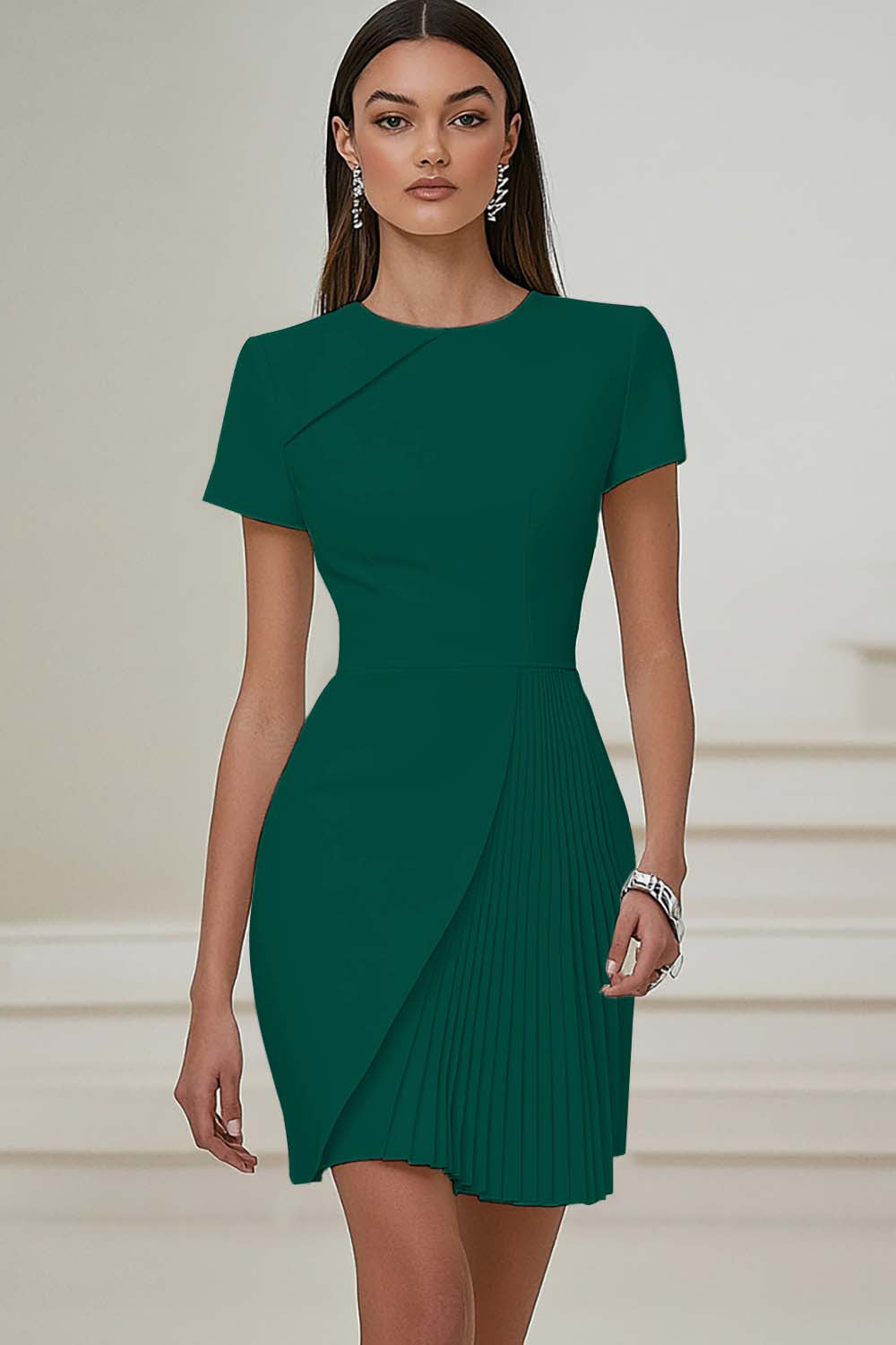 Bodycon Pleated Ivory Work Dress with Short Sleeves