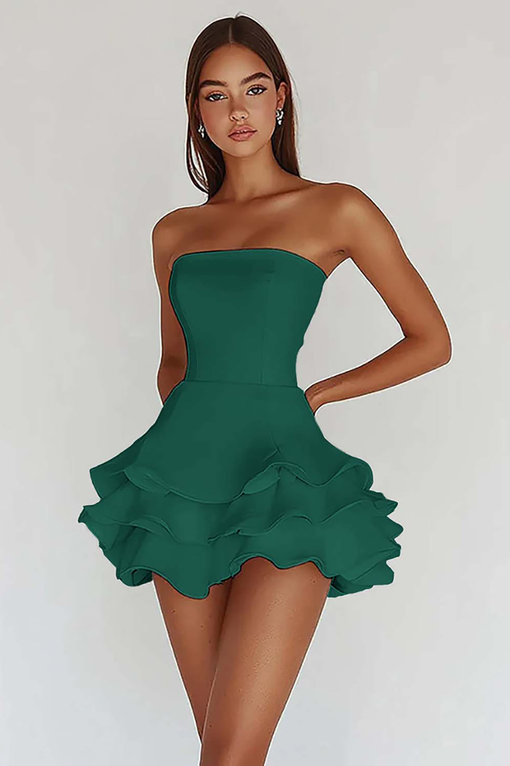 White Strapless A Line Tiered Satin Graduation Dress