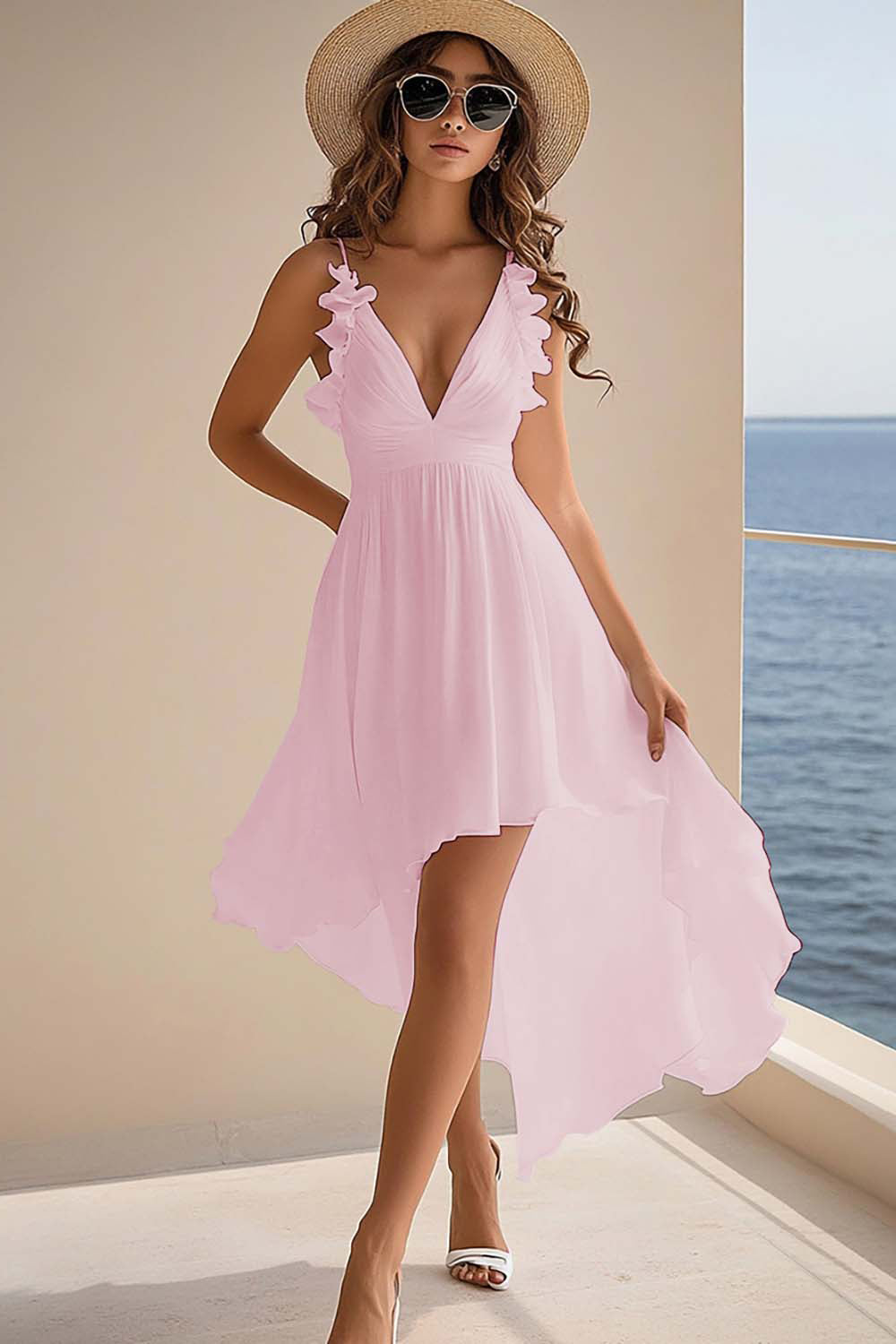 Ruffled White V Neck Asymmetrical Holiday Party Dress