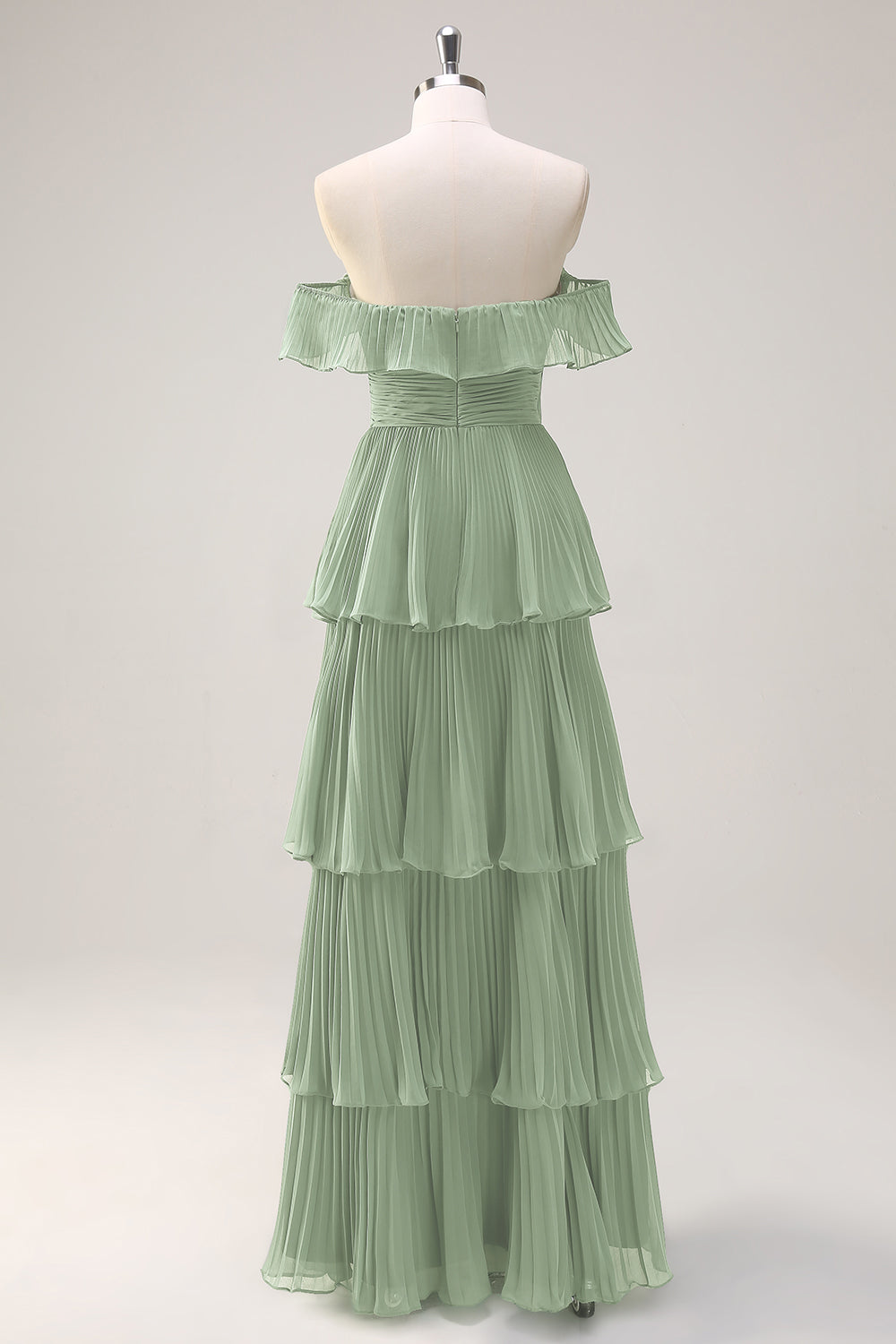 Eucalyptus Tiered A Line Pleated Off the Shoulder Bridesmaid Dress