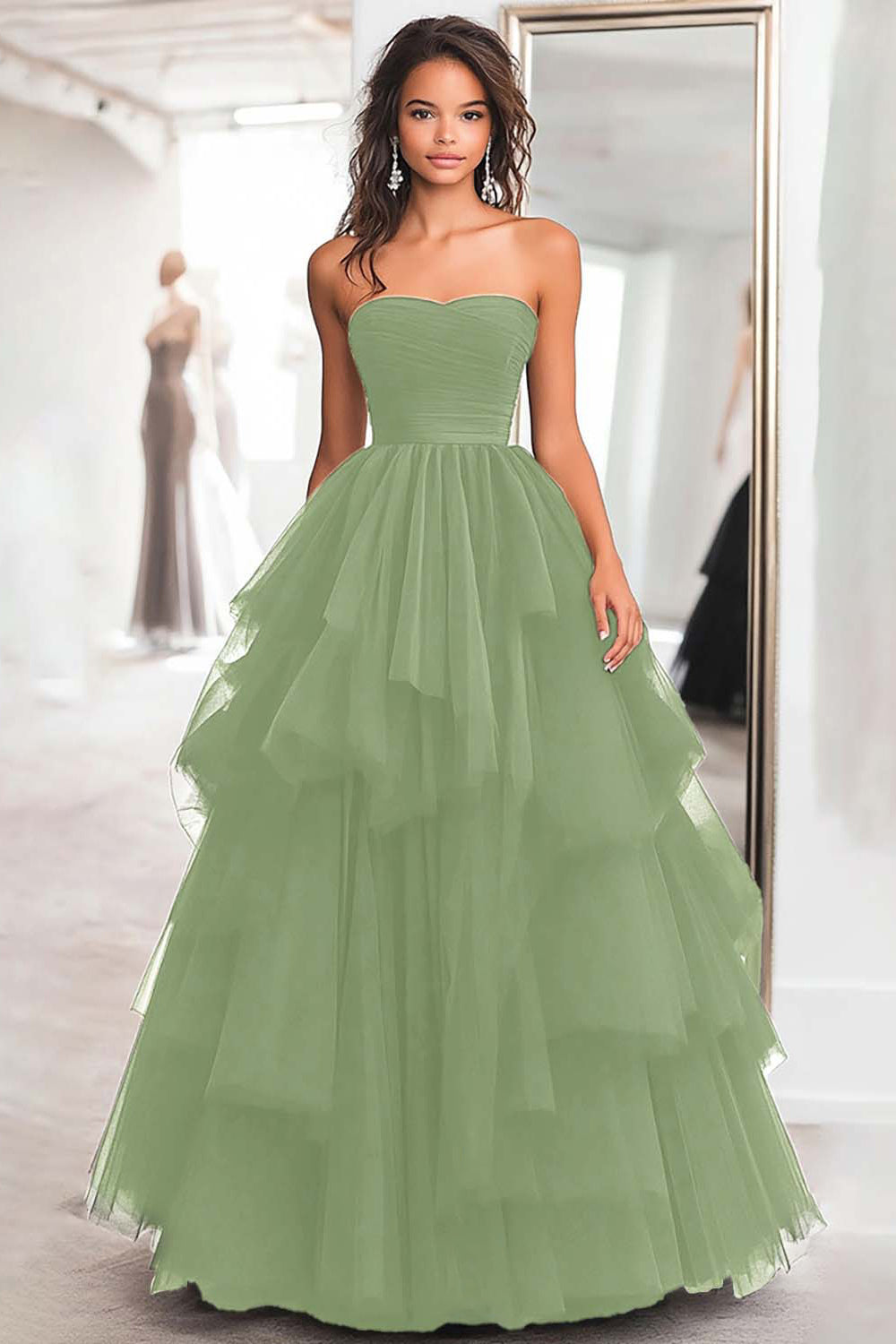 Princess Black Strapless Tulle Tiered Ruched Long Prom Dress