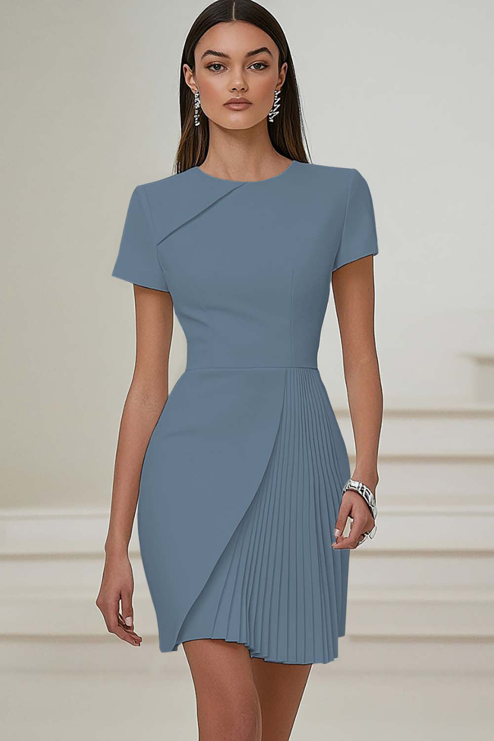 Bodycon Pleated Ivory Work Dress with Short Sleeves