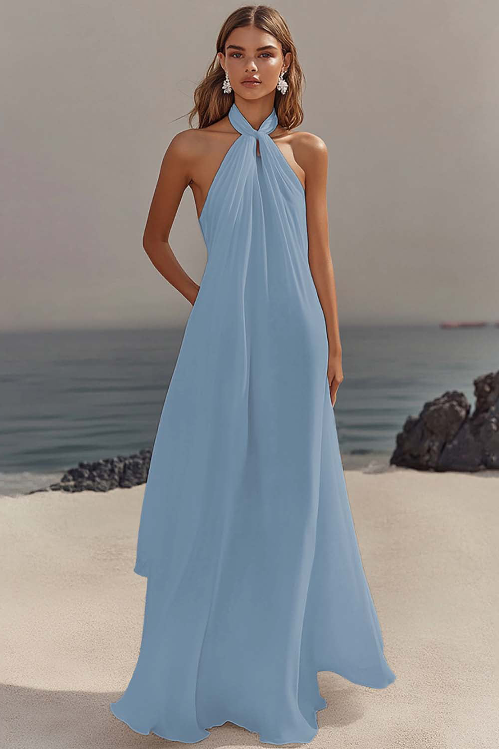 Simple White Halter A Line Chiffon Engagement Dress