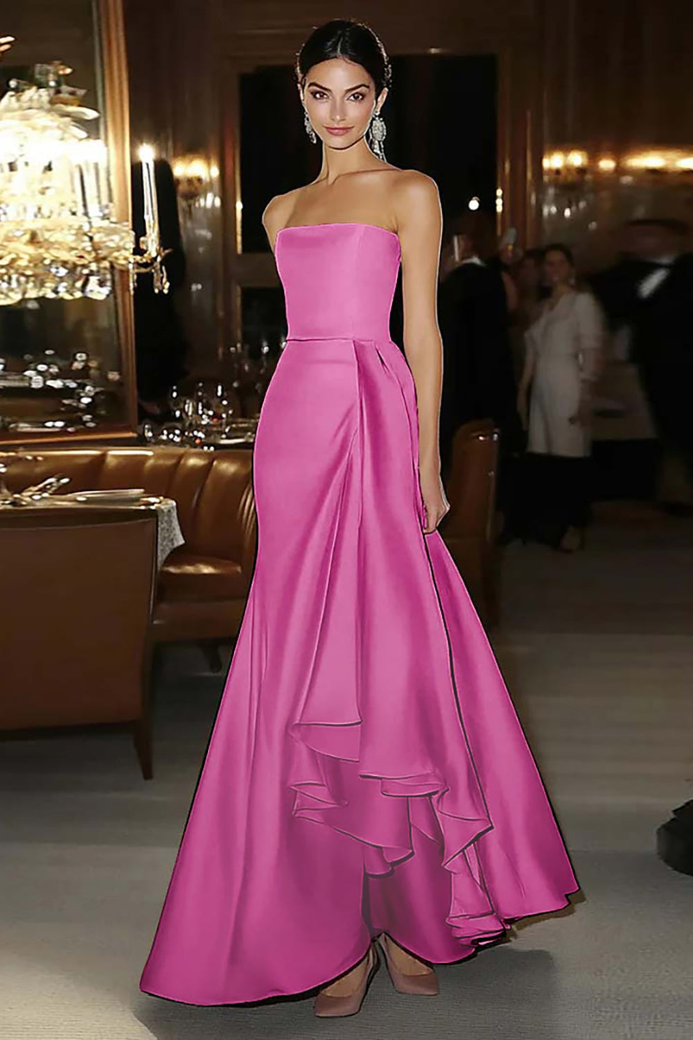 Pink Satin Sheath Strapless Gala Dress with Waist Sash