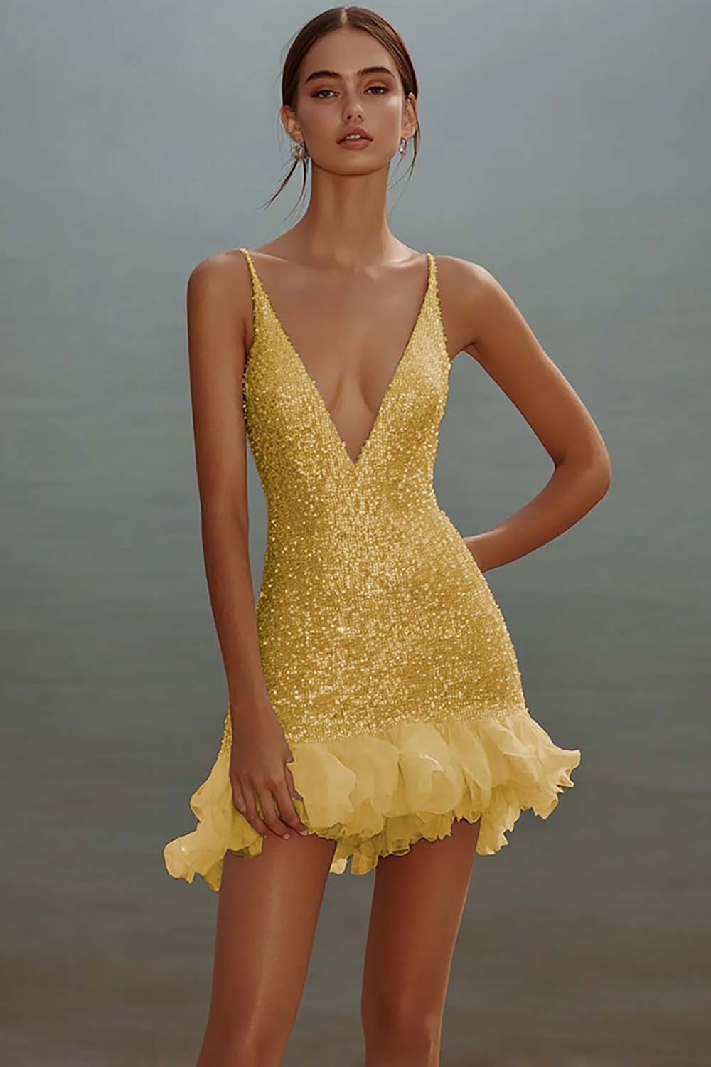 Sparkly White V-Neck Mini Dress With Ruffles