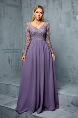 Grey Purple A Line Embroidered Chiffon Maxi Dress with Long Sleeves