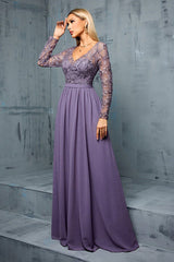Grey Purple A Line Embroidered Chiffon Maxi Dress with Long Sleeves