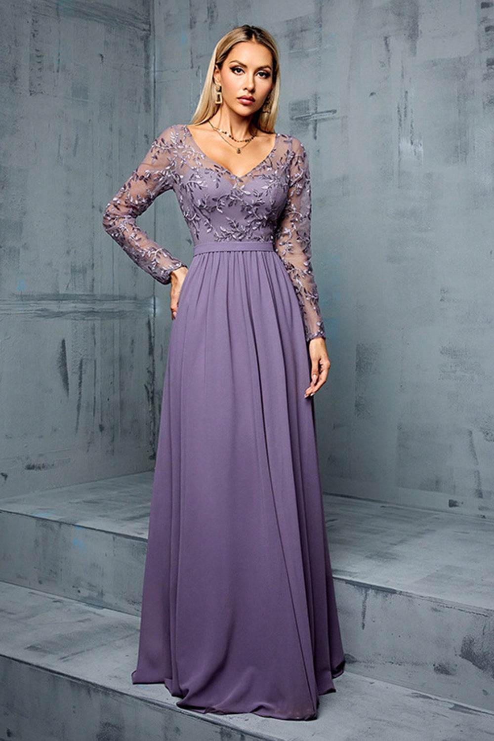 Grey Purple A Line Embroidered Chiffon Maxi Dress with Long Sleeves