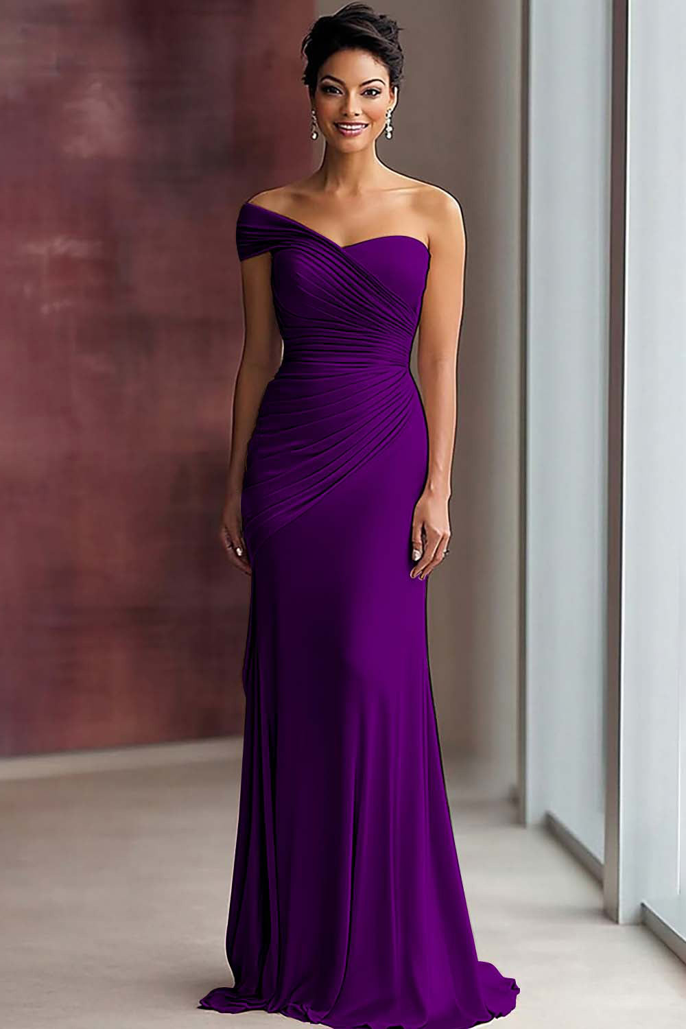 Light Khaki One Shoulder Sheath Pleated Satin Gala Dress