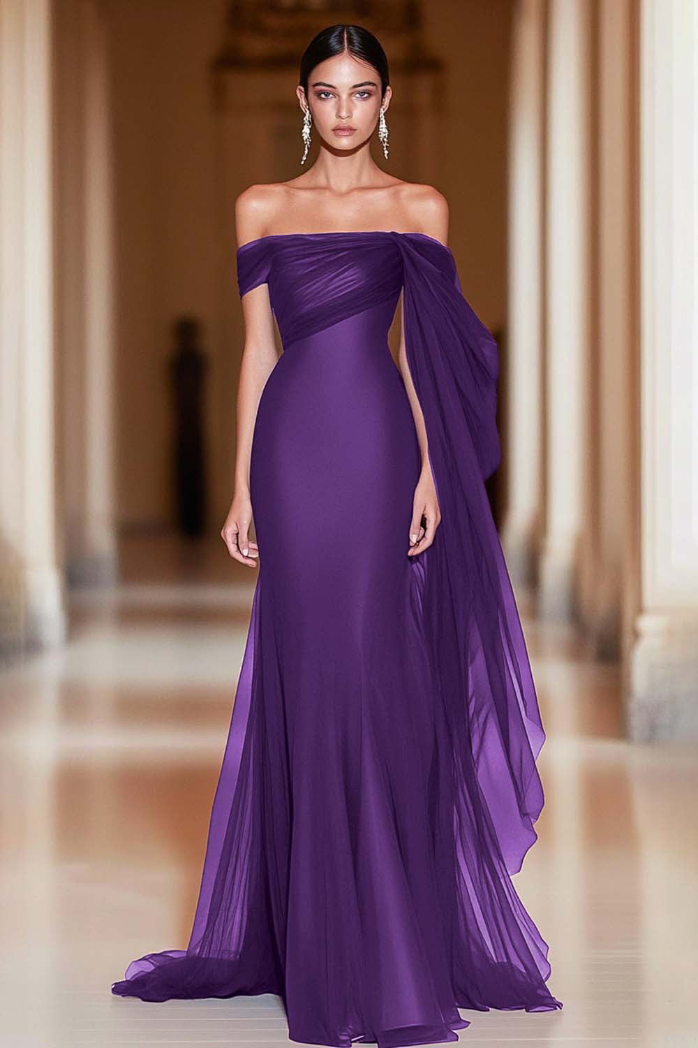 Cabernet Off the Shoulder Mermaid Tulle Long Military Ball Dress