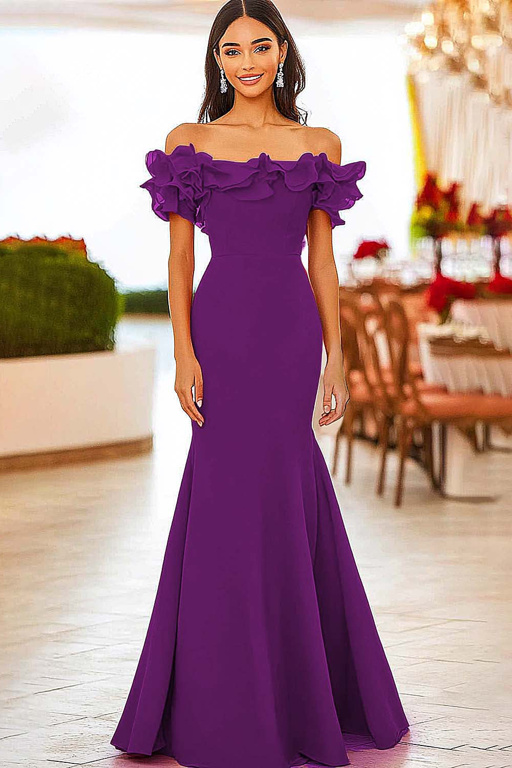 Red Mermaid Off the Shoulder Ruffled Gala Dress