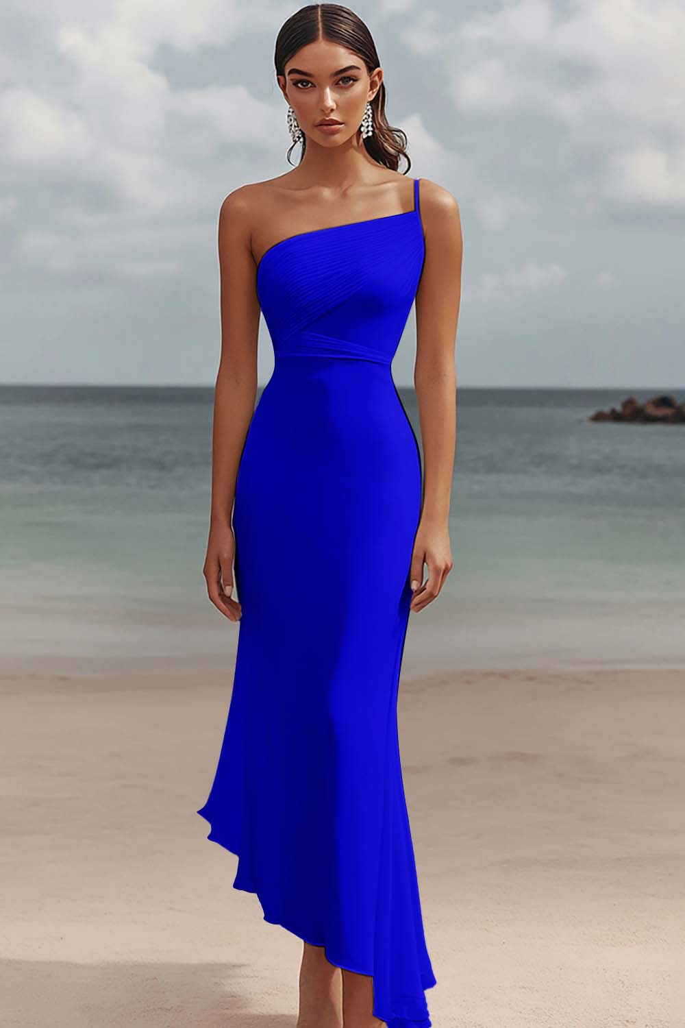 One Shoulder White Asymmetrical Engagement Dress