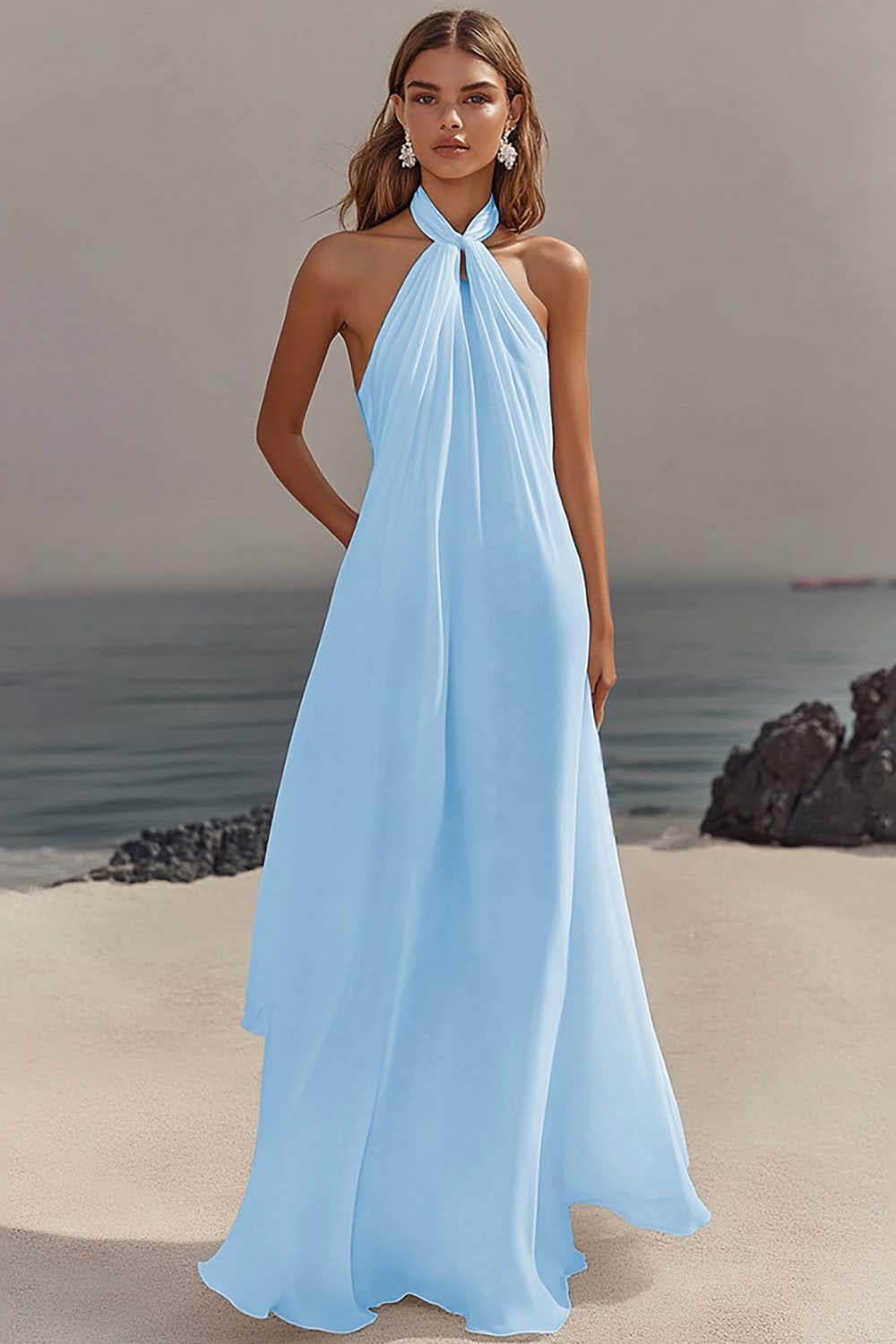 Simple White Halter A Line Chiffon Engagement Dress