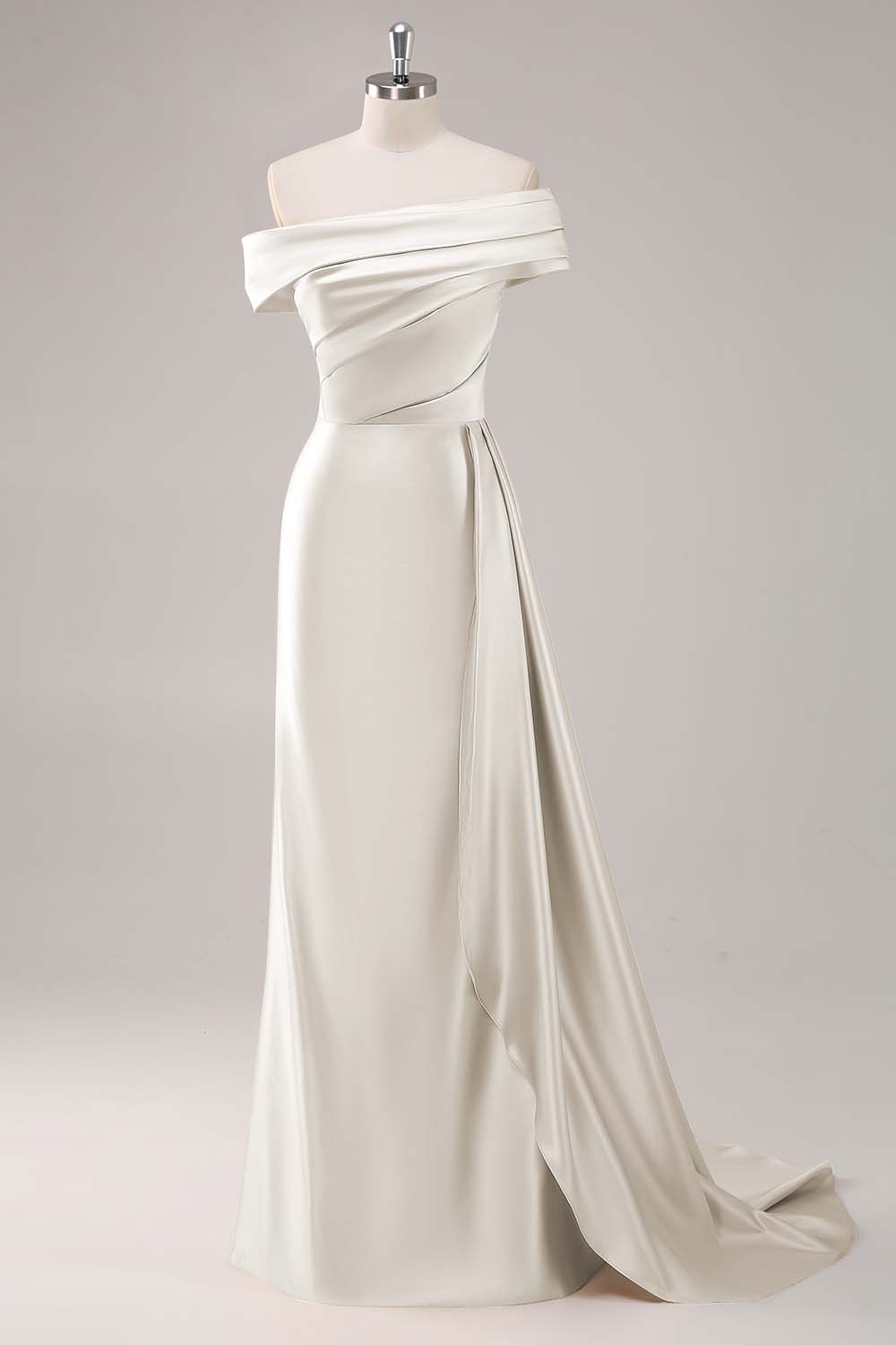 Off the Shoulder Satin Champagne Formal Dress with Drape