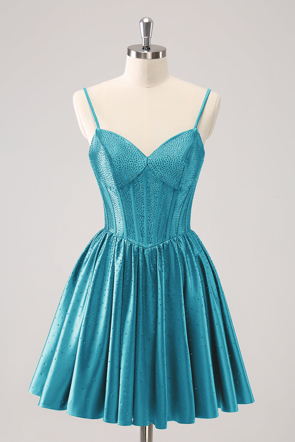 Dark Green A-Line Spaghetti Straps Corset Pleated Mini Dress