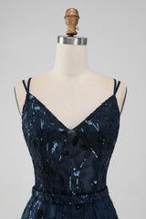 Navy A Line Spaghetti Straps Sparkly Sequins Mini Dress