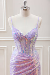 Glitter Lilac Sequins Pleated Corset Backless Bodycon Mini Dress