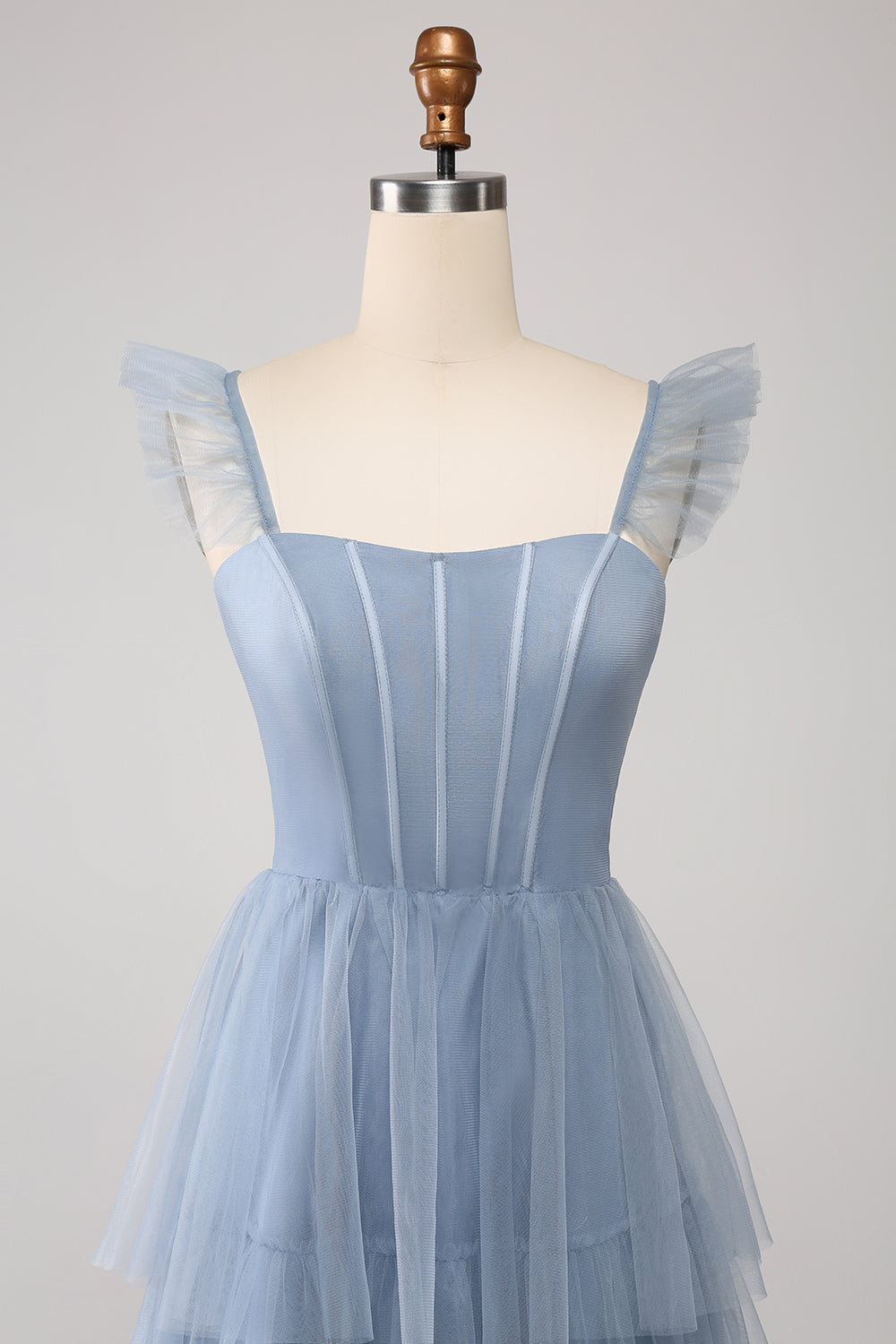 Dusty Blue A Line Tiered Tulle Corset Maxi Dress with Slit