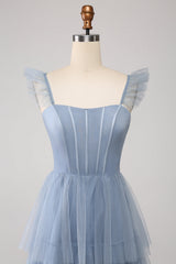 Dusty Blue A Line Tiered Tulle Corset Maxi Dress with Slit