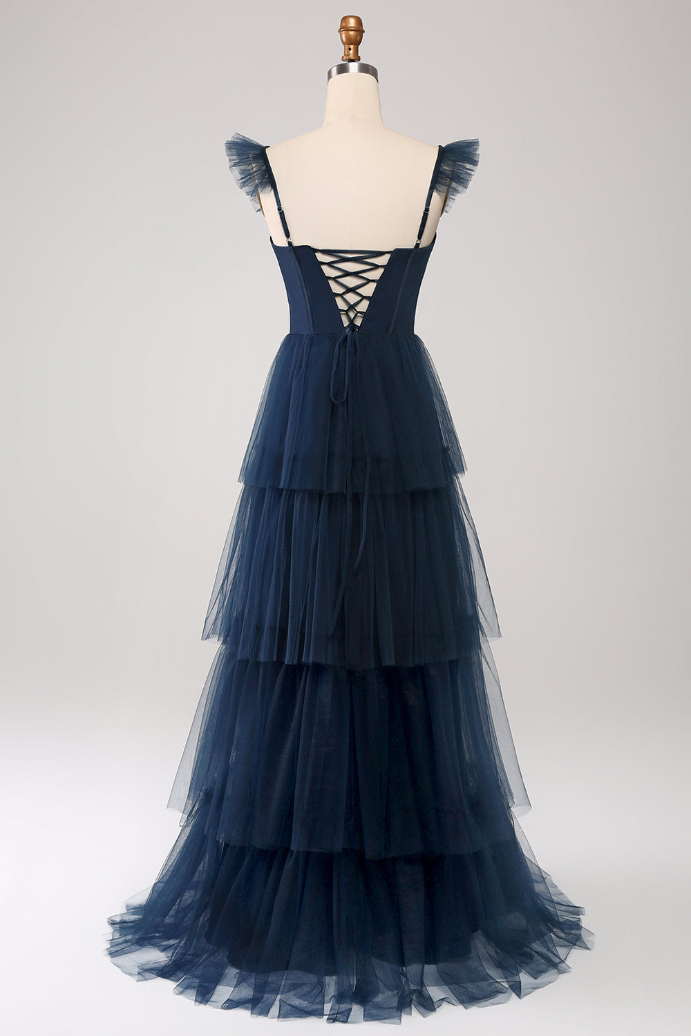 Dusty Blue A Line Tiered Tulle Corset Maxi Dress with Slit