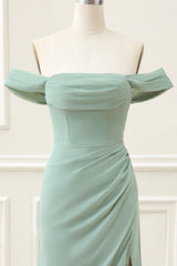 Dusty Sage Off the Shoulder Sheath Chiffon Pleated Maxi Dress with Slit