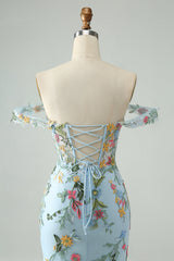 Blue Flower Bodycon Spaghetti Straps Embroidered Mini Dress