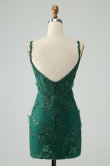Dark Green Bodycon Spaghetti Straps Mini Dress with Appliques