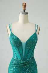 Sparkly Dark Green Bodycon Corset Mini Dress with Sequins