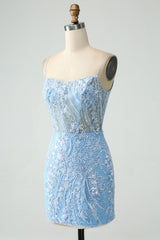 Sparkly Sky Blue Spaghetti Straps Beaded Mini Dress