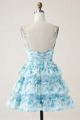 A-Line Spaghetti Straps Tiered Blue Floral Mini Dress