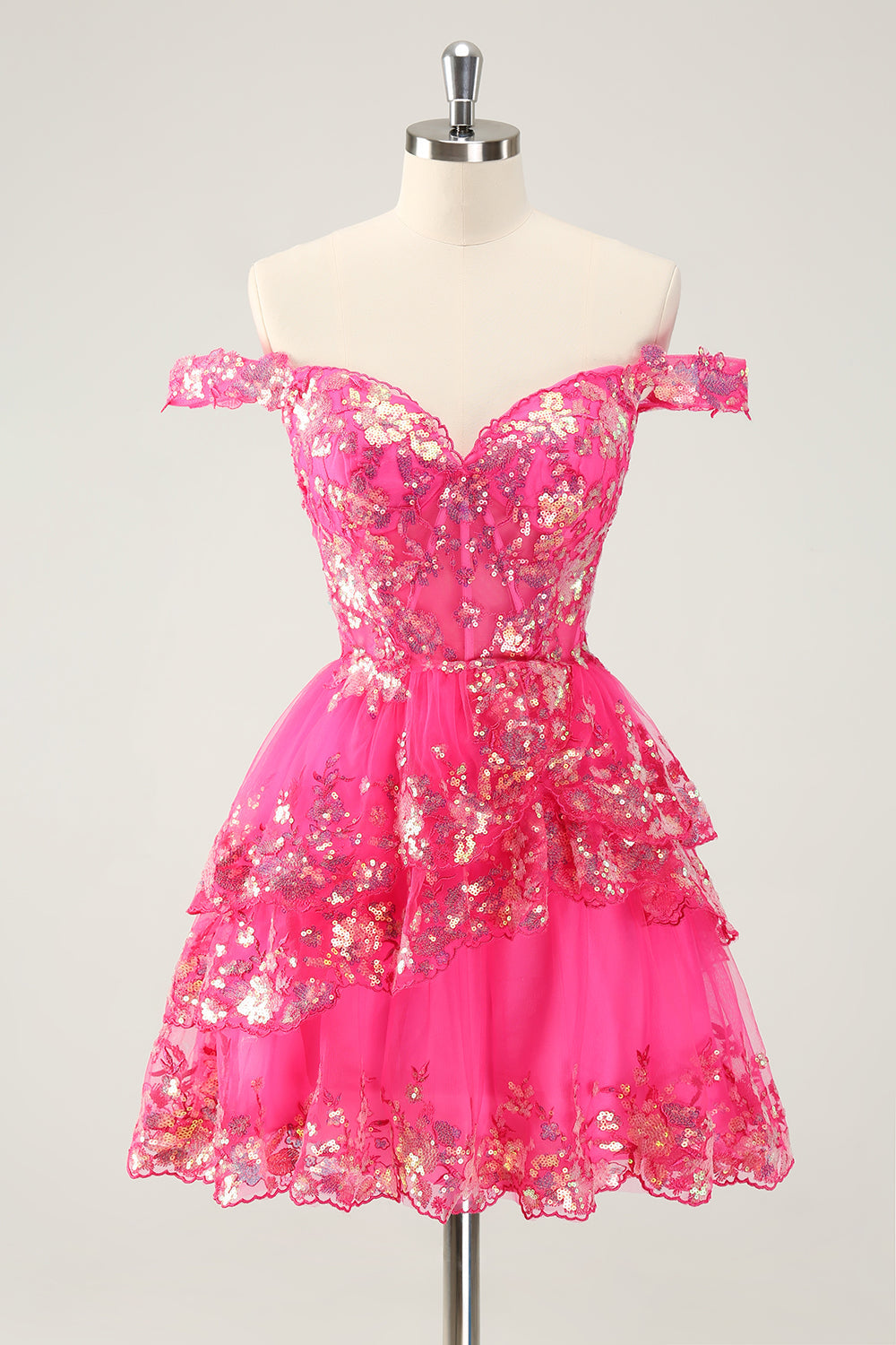 Black Pink A Line Sequined Corset Tiered Off the Shoulder Mini Dress