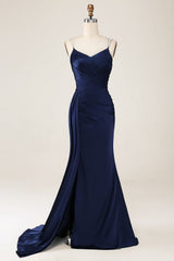 Navy Mermaid Spaghetti Straps Pleated Corset Maxi Dress with Slit