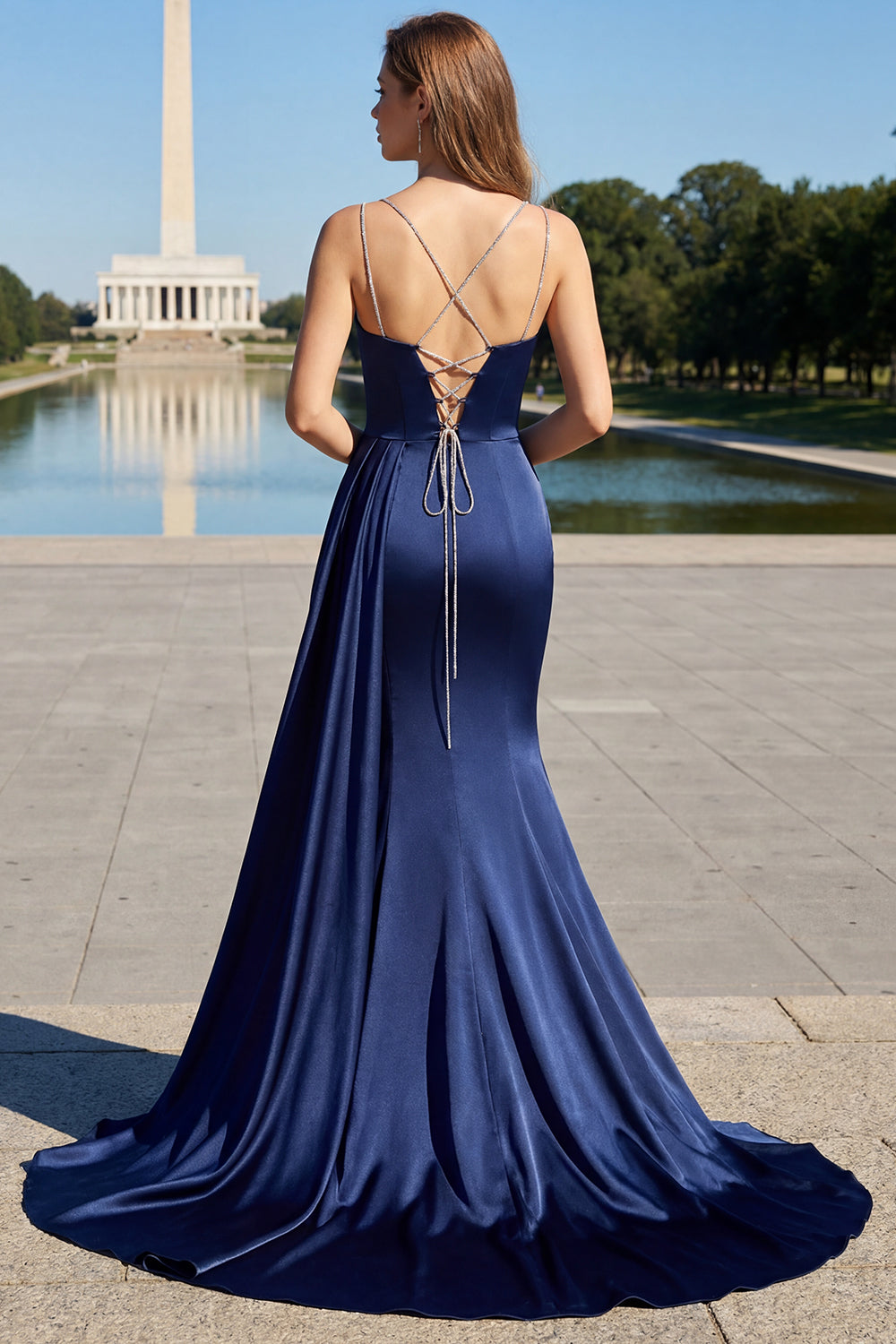 Navy Mermaid Spaghetti Straps Pleated Corset Maxi Dress with Slit