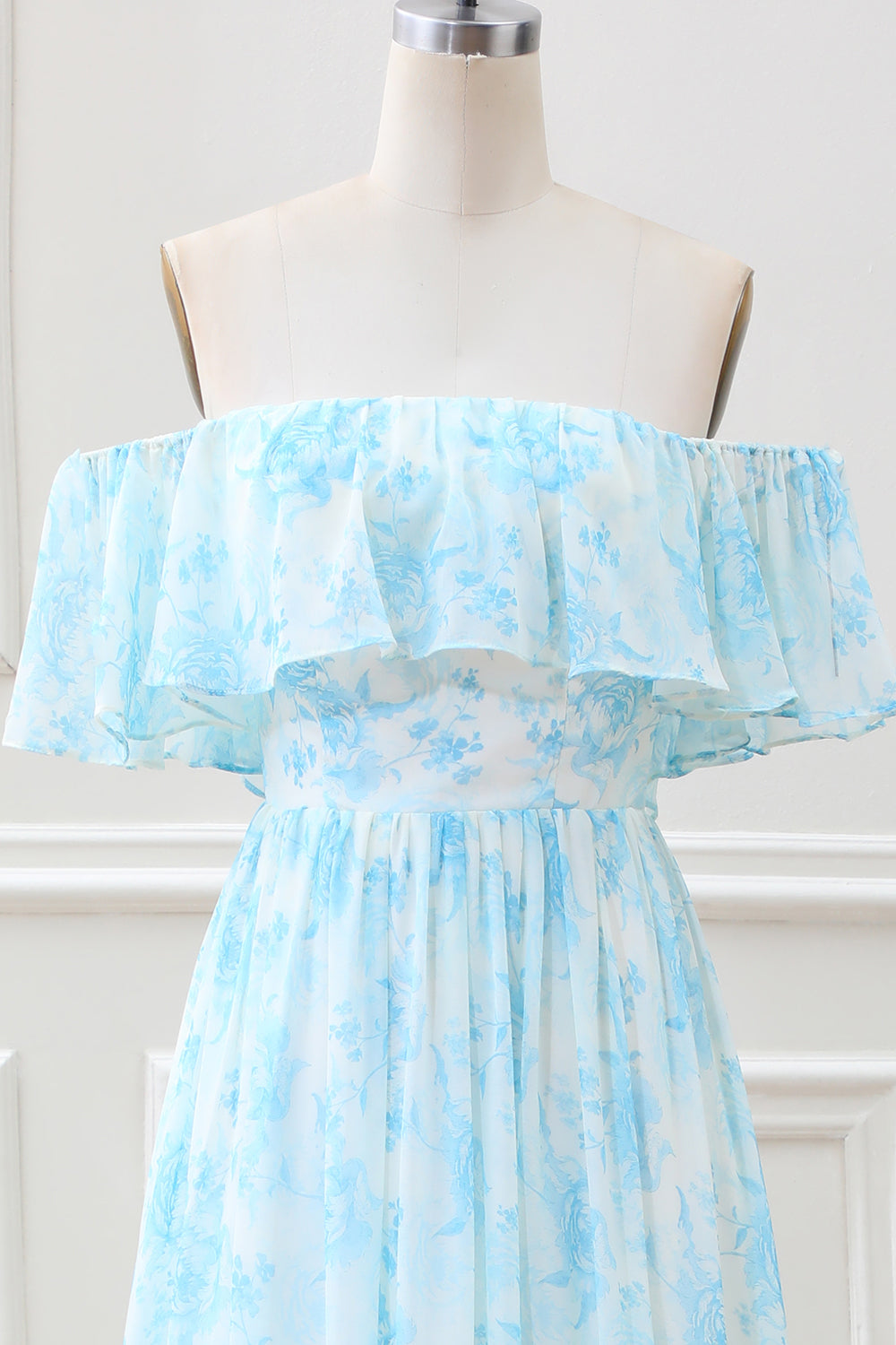 White Blue Floral Off The Shoulder Boho Maxi Dress with Ruffles