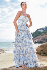 White Blue Floral Spaghetti Straps Tiered Maxi Dress