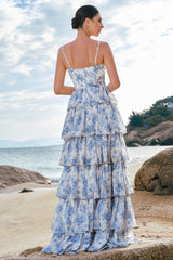 White Blue Floral Spaghetti Straps Tiered Maxi Dress